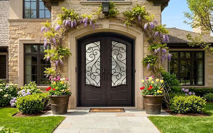 Wrought iron double door with glass