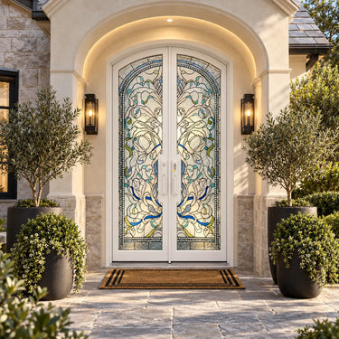 White wrought iron double front doors with blue and green floral stained glass