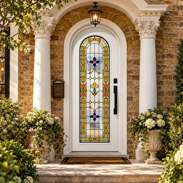 White iron single front door with Art Deco geometric stained glass and black pull handle