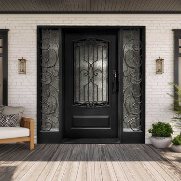 Iron entry single door with double sidelights
