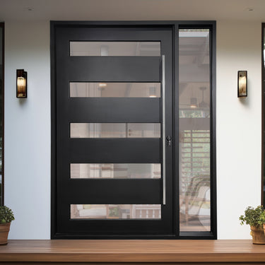 Legend Iron Doors thermally broken Iron Pivot Entry Door with long handle and sidelight