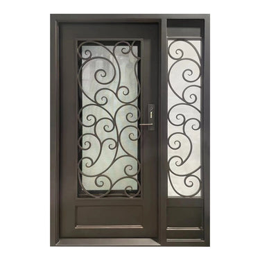 Legend Iron Doors Iron Single Door with One Sidelight and Ornate Scrollwork