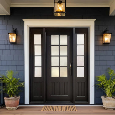 Legend Iron DoorsTermal Break Iron French Single Door with Double Sidelites and Frosted Glass