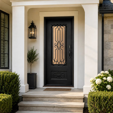 Decorative black iron front single door with intricate designs
