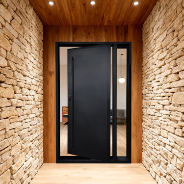 Legend Iron Doors handmade Iron Pivot Entry Door with long handle and glass