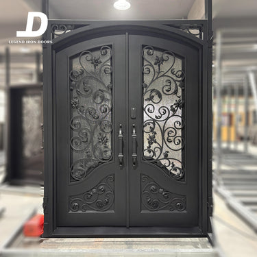 Custom wrought iron screen door with rainstorm glass