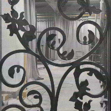 Custom wrought iron screen door with rainstorm glass