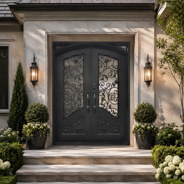 Decorative black iron double door with intricate designs