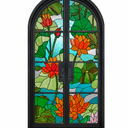 Black round top iron double front doors with stained glass