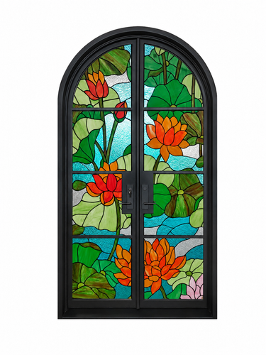 Black round top iron double front doors with stained glass