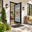 Decorative stained glass pivot entry door with artistic glass panels