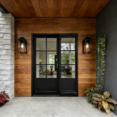 Mordern iron glass French single door with a sidelight and smart lock