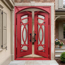 Red double front entry doors with decorative arched glass panels and black handles