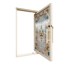 Contemporary iron pivot door with custom white finish and stained glass