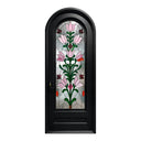 Black round top iron door featuring decorative floral stained glass