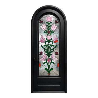 Black round top iron door featuring decorative floral stained glass