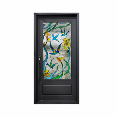 Black steel front door with colorful floral and bird stained glass and solid lower panel