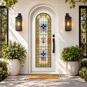 White Front Door with Colorful Stained Glass and round top