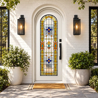 White Front Door with Colorful Stained Glass and round top