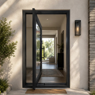 Legend Iron Doors exterior pivot door with full glass panel for luxury home