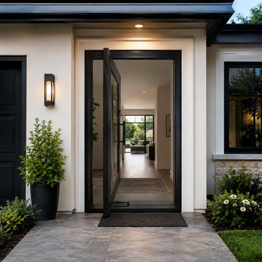 Legend Iron Doors thermally broken pivot door with full glass panel for luxury home