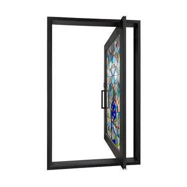 Iron pivot entry door with artistic stained glass design