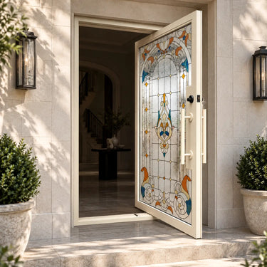 White iron pivot front door with colorful Tiffany-style stained glass