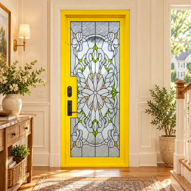 Wrought Iron entry single door with stained glass and custom yellow color