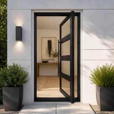 Narrow black steel pivot entry door with divided glass panels