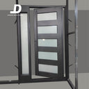 modern pivot front door with black steel frame and multiple glass panels