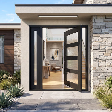 Thermal break black iron pivot entry door with textured glass panels