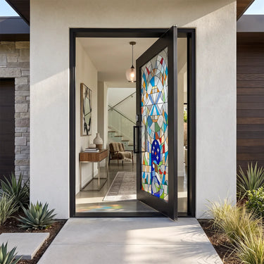 Custom wrought iron pivot front door with colorful glass patterns