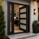 Custom steel pivot front door featuring textured glass panels and matching sidelights