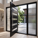 Modern black pivot entry door with Reed glass and matching sidelights