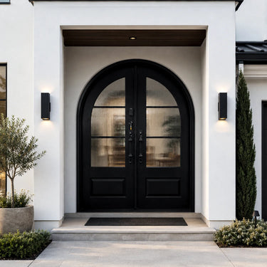 Round top French iron double entry door with reed glass