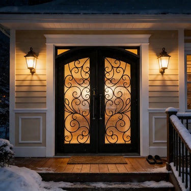 Insulated wrought iron front door with arched scrollwork and textured glass