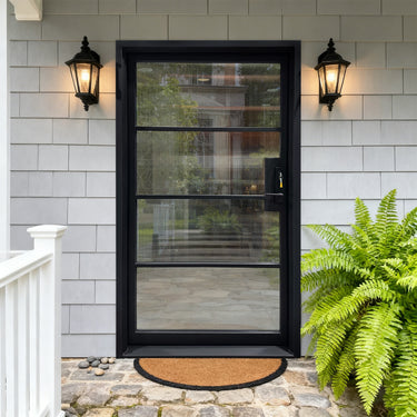 Custom thermal break iron front door with four reed glass panels