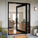 Thermal break glass pivot entry door with black steel frame and full glass panel