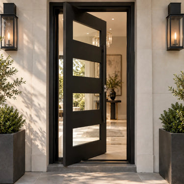 Contemporary Pivot Front Door with Horizontal Glass Inserts