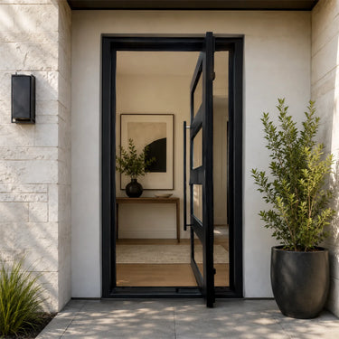 Narrow black steel pivot entry door with divided glass panels