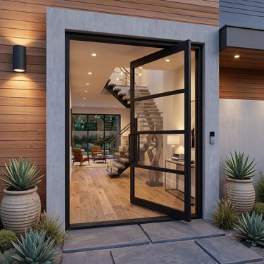 Thermal break pivot iron door with large glass panels and black steel frame for modern home entrance