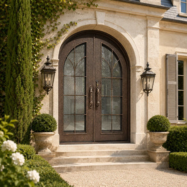 Insulated Round Top Iron Front Double Door with Glass Panels and screens