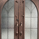 Round Top Iron Front Double Door with Glass Panels and screens details