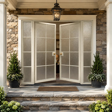 Legendirondoors iron French glass double door with white color and sidelights