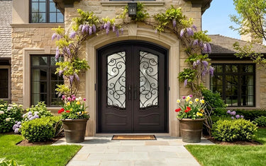 Wrought iron double door with glass