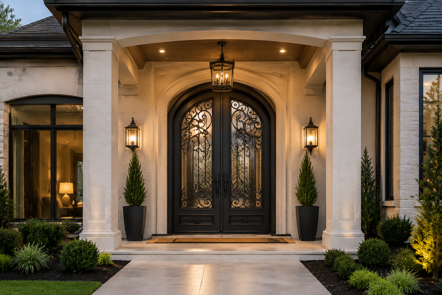 Luxury wrought iron front door installed under a covered entry with modern home exterior