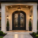 Luxury wrought iron front door installed under a covered entry with modern home exterior