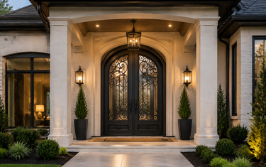 Luxury wrought iron front door installed under a covered entry with modern home exterior