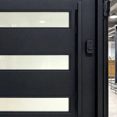 Black pivot front door with smart lock