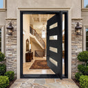 Black pivot front door with narrow horizontal glass panels